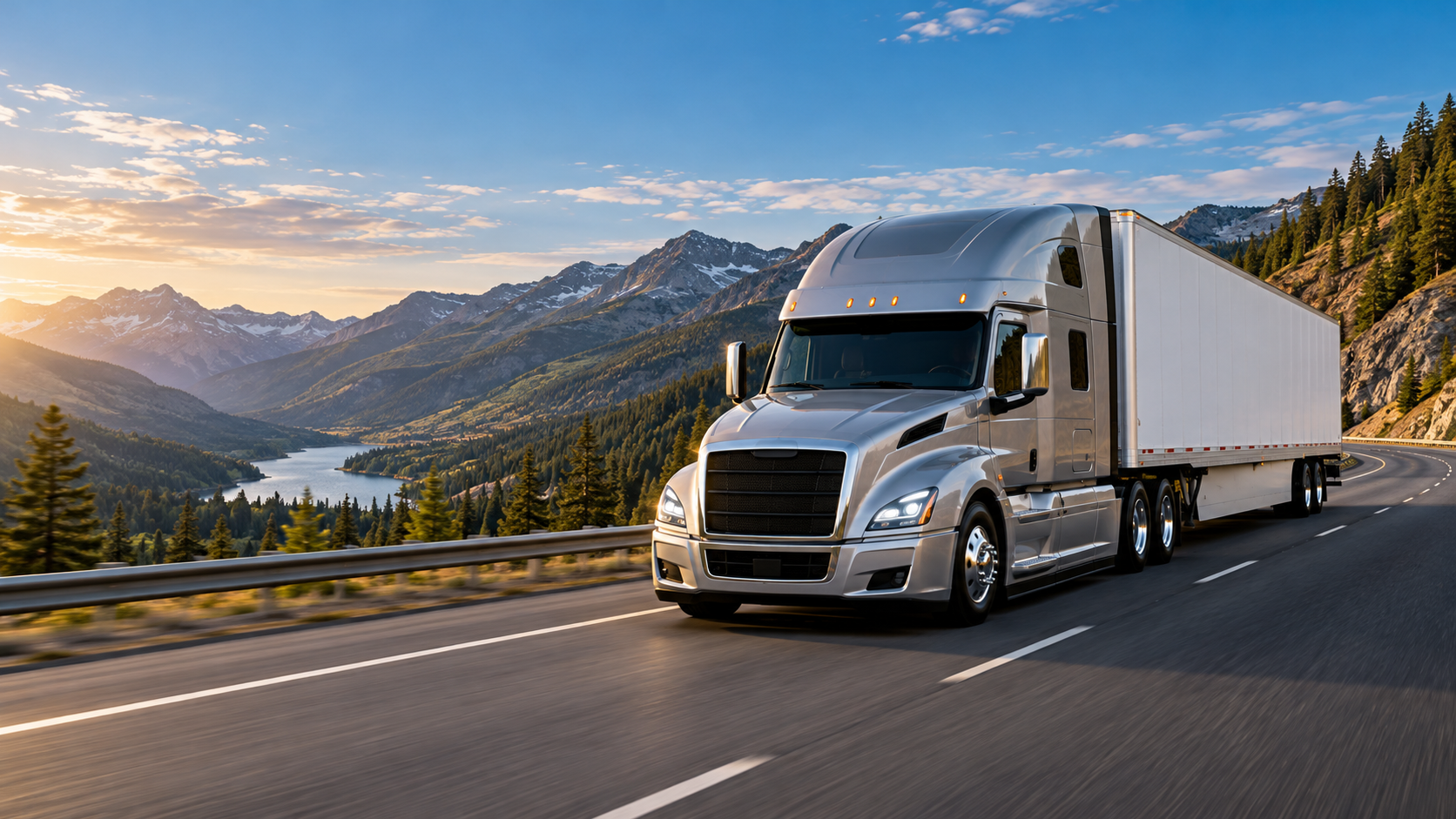 Unbranded silver sleeper-cab semi truck with a white trailer on a mountain highway
